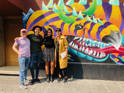 Doodle engineer Jacob, guest artist Luis Pinto, Doodle marketing lead Perla, and guest artist Cecilia in Mexico City for a Loteria research trip