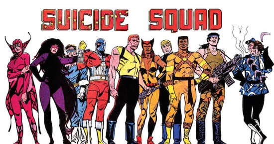 A vintage comic book cover of Suicide Squad (1987) illustrates the original team concept.