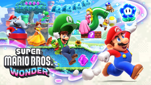 Super Mario Bros. Wonder gameplay featuring multiple characters navigating a colorful level