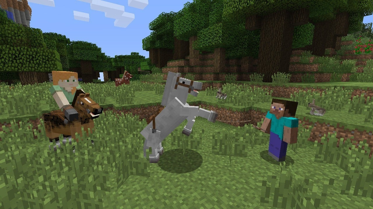 Two Minecraft characters looking at a horse