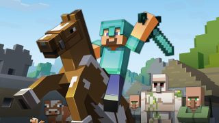 The player character wielding a sword in Minecraft