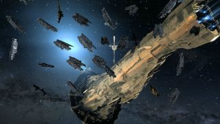 Eve Online screenshot showing a long thin spaceship structure hovering in the galaxy, surrounded by smaller spacecraft, illustrating the game's vast and complex space setting