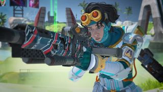 Apex Legends screenshot of an armor-clad character with goggles on his head using the Gravity Cannon gun