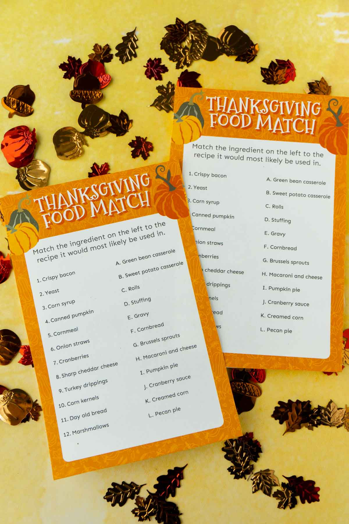 A 'Thanksgiving Matching Game' layout with fall-themed confetti around