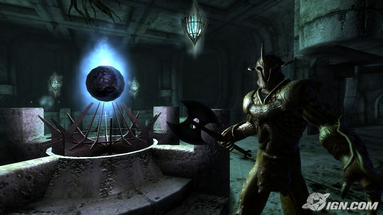 A person in armor stands beside a glowing orb