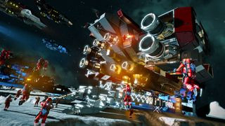A group of astronauts on a planet during Space Engineers