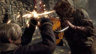 Leon Kennedy blocking a chainsaw attack in Resident Evil 4 Remake