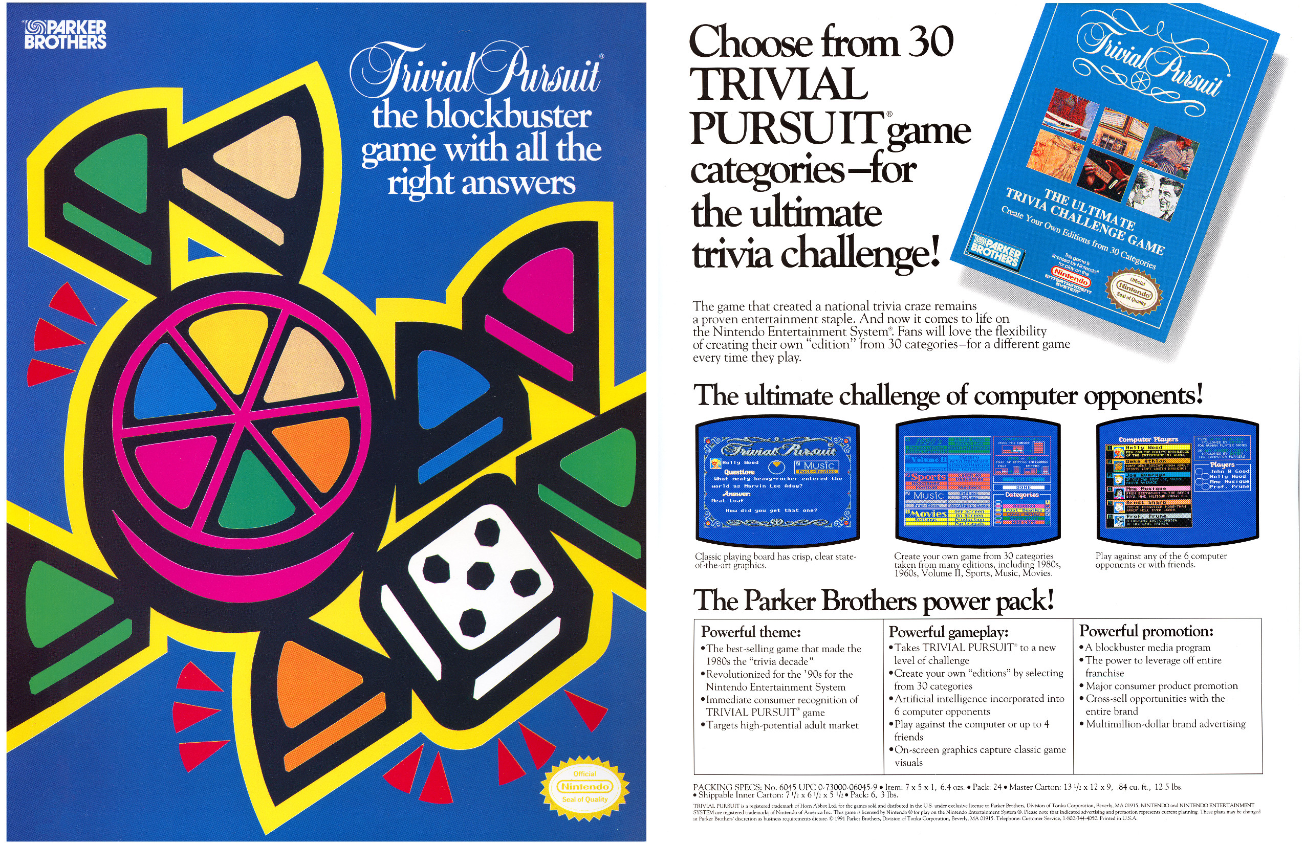 Parker Brothers’ Trivial Pursuit for NES, featuring screenshots that do not match any known version