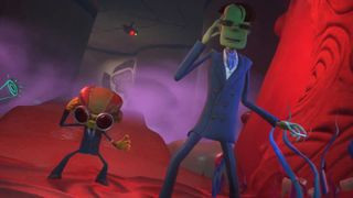 Razputin and Sasha in Psychonauts 2, an Xbox exclusive, demonstrating the game's unique and imaginative world
