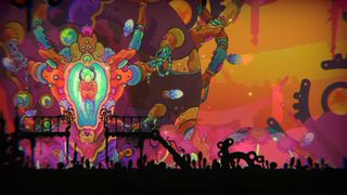 Vibrant screenshot from Ultros showing an alien world and somebody in a capsule of some kind.