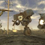 A man shooting two Securitrons during Fallout New Vegas.