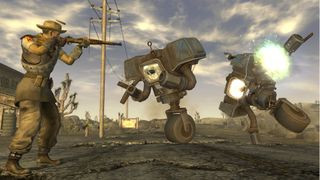 Man shooting Securitrons during Fallout New Vegas, capturing the intense combat and faction dynamics of the game.