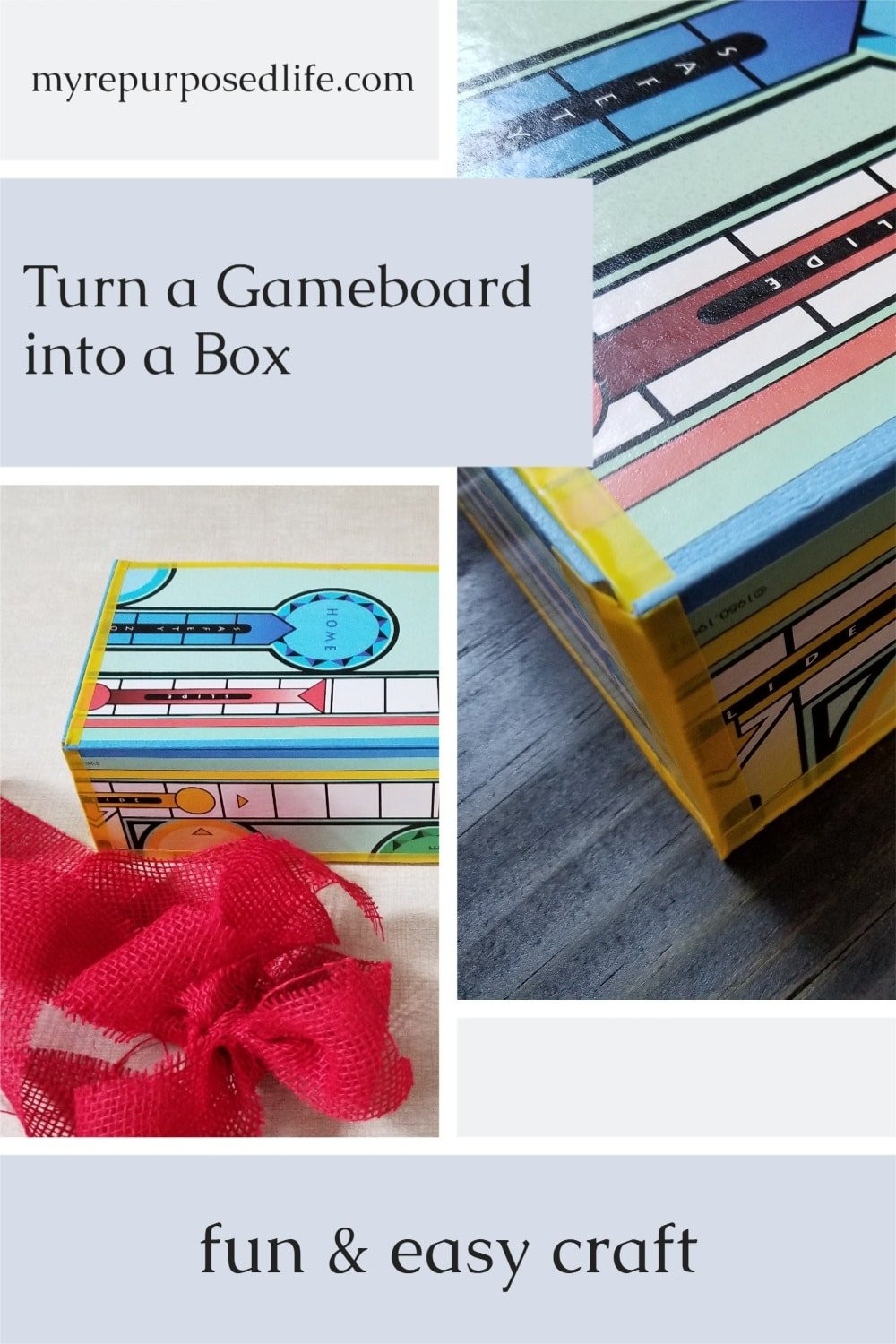 Repurposed Sorry game board as a keepsake box with colorful design and sentimental value.
