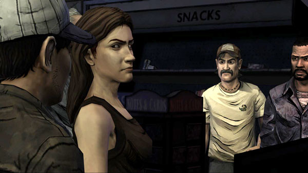 Lee holding Clementine's hand in The Walking Dead game