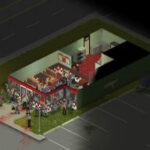 Project Zomboid screenshot showing a horde entering a diner.