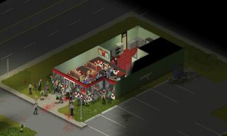 Project Zomboid screenshot showing a horde entering a diner.