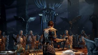 Dragon Age: Inquisition screenshot of men clad in armour facing a man with his back to the player