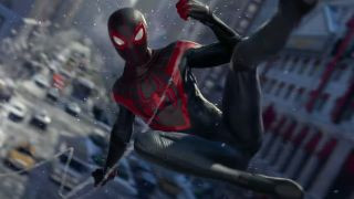 Spider-Man: Miles Morales swinging through New York City in the snow