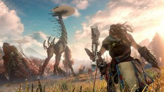Horizon Forbidden West screenshot showing Alloy approaching a Tallneck with stealth through a lush open world