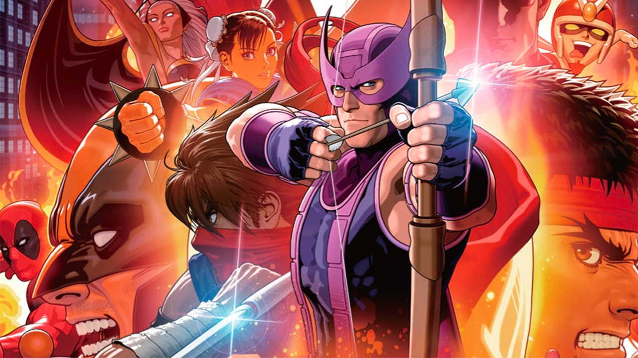Hawkeye points an arrow, with characters behind him