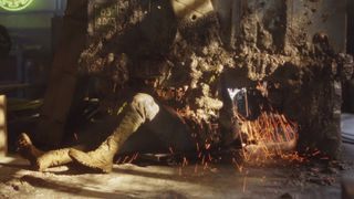 Contraband cinematic screenshot showing a soldier crushed by rocks