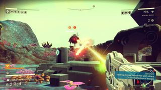 A player shooting an enemy with a laser during No Man