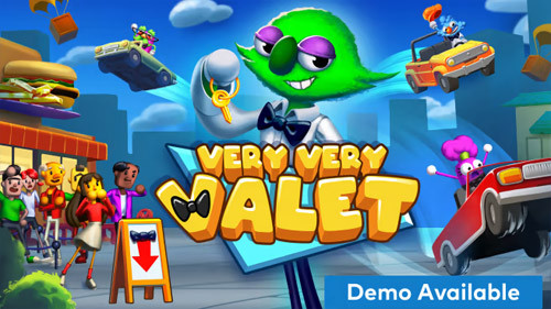Very Very Valet gameplay featuring characters parking cars in a chaotic environment
