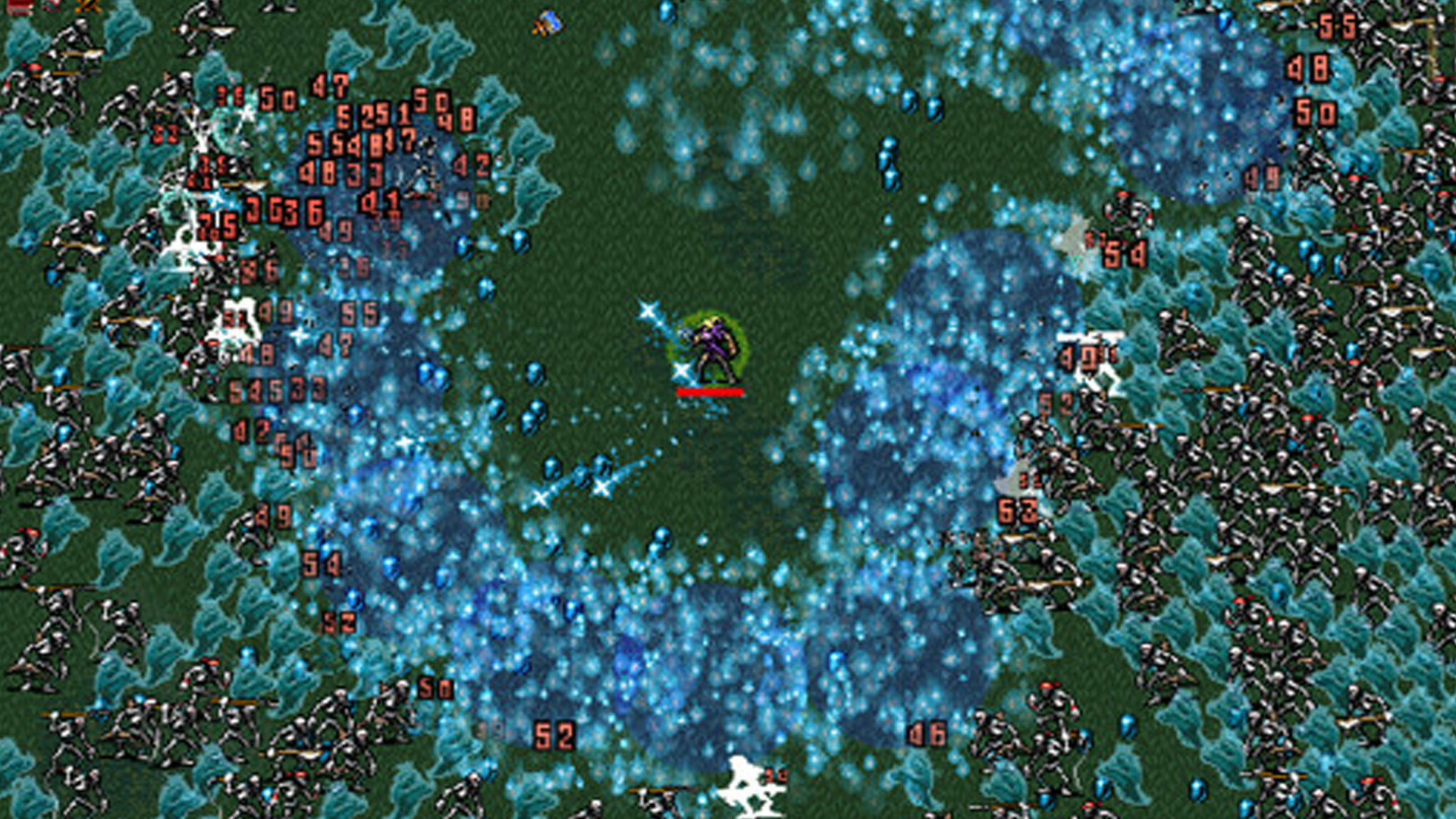 Enemies swarming the player character in Vampire Survivors