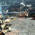 Sam Gideon in action using the Augmented Reaction Suit to slide and shoot enemies in Vanquish