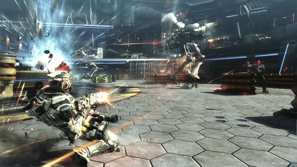 Sam Gideon in action using the Augmented Reaction Suit to slide and shoot enemies in Vanquish