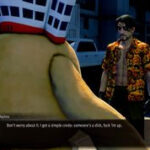 Majima from Pirate Yakuza in Hawaii converses with a walking mascot