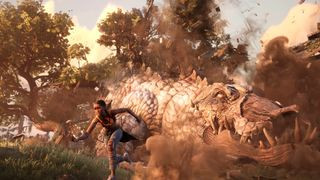 Hazel running from a giant crocodile in South of Midnight, an Xbox exclusive, demonstrating the game's unique Southern folklore setting