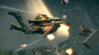 Rico Rodríguez flying through the air and watching an explosion in Just Cause 4