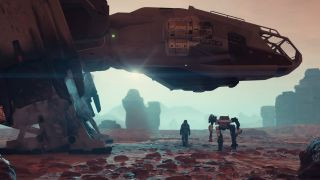 A player standing under a spaceship in Starfield, an Xbox exclusive, highlighting the game's expansive space exploration
