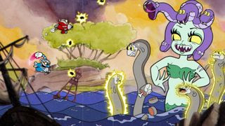Cuphead in a plane fighting a cartoon woman