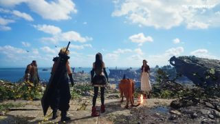 Cloud and his friends in Final Fantasy 7 Rebirth exploring a field