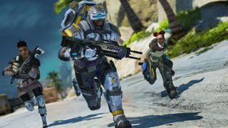 Three players running on a beach in Apex Legends, showcasing battle royale gameplay.