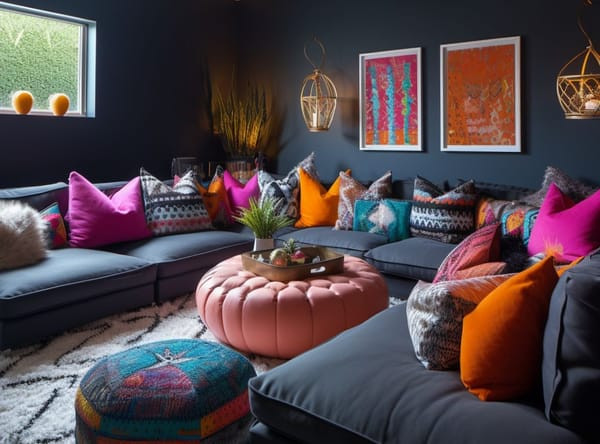 Dark Couch with Colorful Pillows