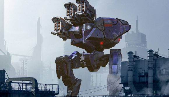 War Robots: A giant blue robot with multiple rocket launchers