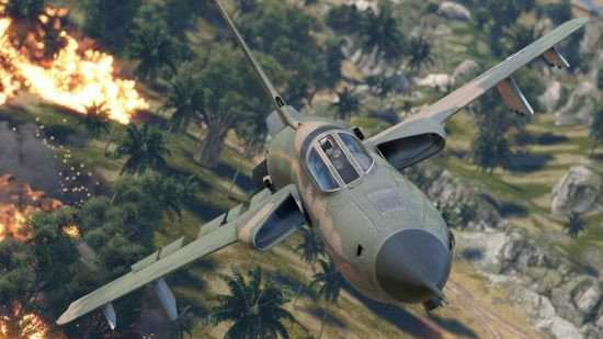 A fighter plane making a bombing run on a jungle setting. A solid performance on the Steam Deck