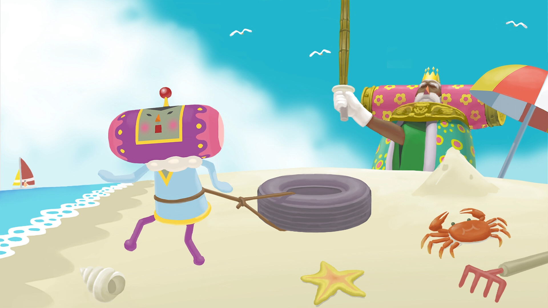 A prince pulls a tire tied around his waist across a beach urged on by the King of Space in a surreal image from We Love Katamari
