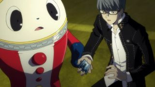 Persona 4 Golden gameplay on PS Vita showing vibrant characters and social simulation elements.