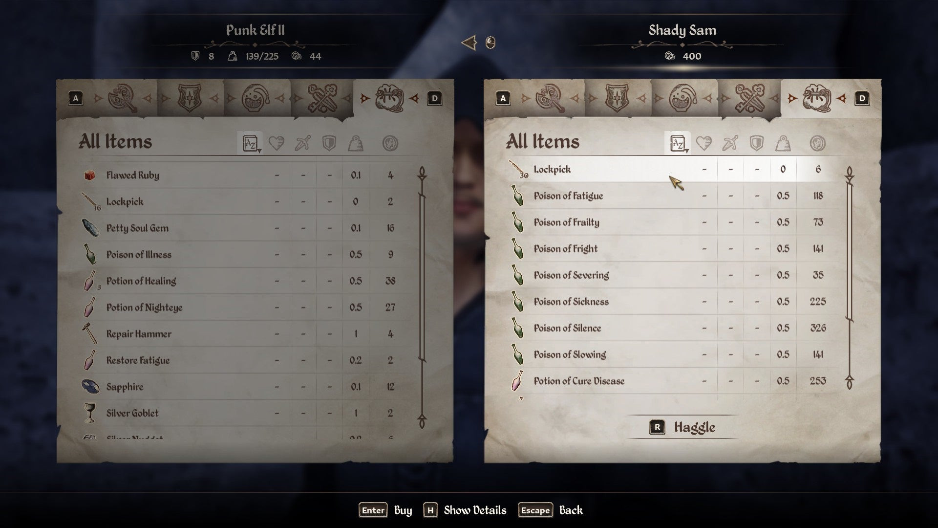 Shady Sam displaying his inventory, which includes lockpicks, Skooma, and various poisons for different in-game needs.