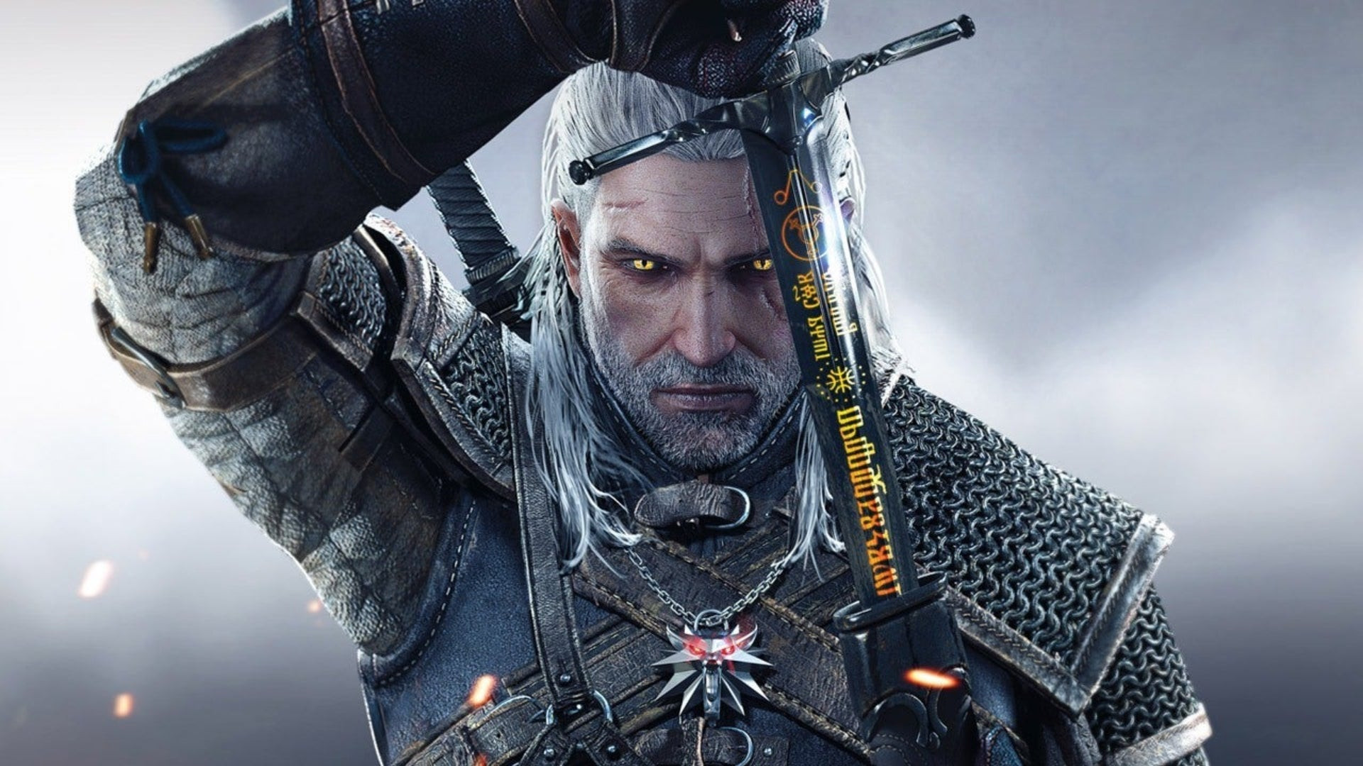 Geralt unsheathes a sword