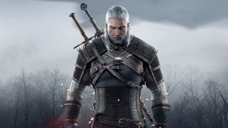 Geralt in The Witcher 3 standing in a field looking at a distant landscape