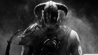 A black and white picture of the Dragonborn during Skyrim, showcasing the game's iconic character