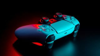 A DualSense PS5 controller on a black background, highlighting the console's technology