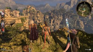 The party gazes at a temple in the distance in Baldur