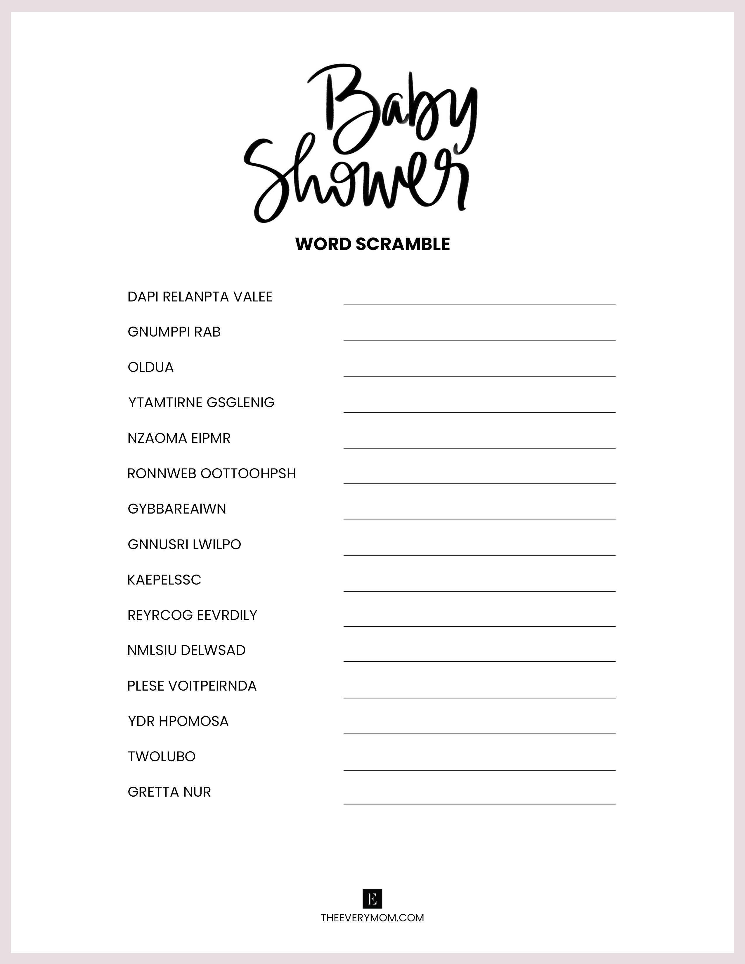 Baby Shower Word Scramble Free Printable Game