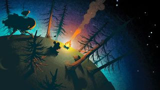 Outer Wilds screenshot of bare trees by a campfire in a woodland area.
